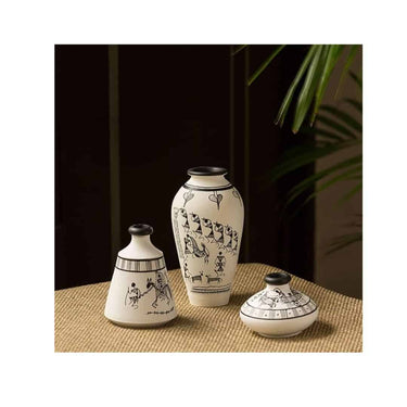 LXINDIA vases ExclusiveLane Terracotta Vases for Home Decor Set of 3 White