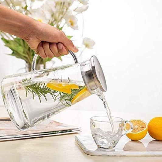 LX INDIA Jug Femora 1.8L Borosilicate Glass Water Jug with Handle & Stainless Steel Lid