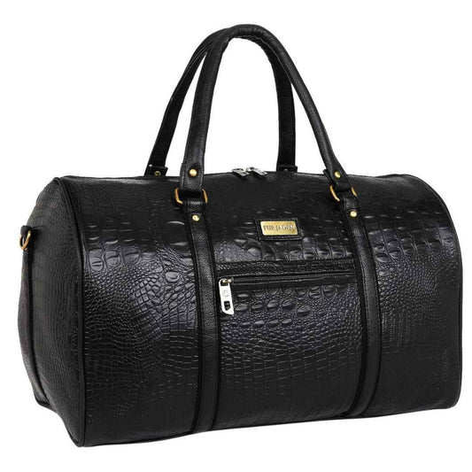 LX INDIA Travel Bag Fur Jaden Black Textured Leatherette Stylish & Spacious Weekender Duffle Bag for Travel for Men and Women (Black)