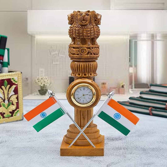 LX INDIA Ashoka Stambh Gaura Art and Crafts Wooden Carved Ashoka Stambh Pillar with 2 Flags & Analog ClockPack of 1 (2.4Wx2.4Lx8.5H Inches)