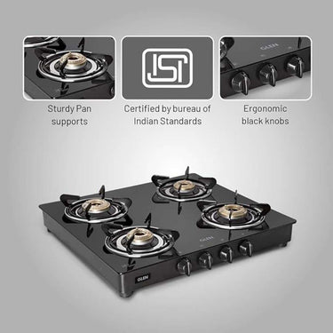 LXINDIA Gas Cooktop Glen 4 Burner Toughened Glass Top LPG Gas Stoves (Auto ignition)