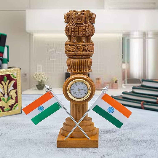 LX INDIA Ashoka Stambh Goranshi Creation Eco Friendly Wooden Carved Ashoka Stambh Pillar with 2 Flags & Analog Clock Pack of 1