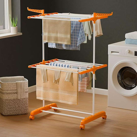LX INDIA cloth drying stand Happer Premium Clothes Stand for Drying with Wheels 2 Layer Rack (Orange Compact Jumbo)
