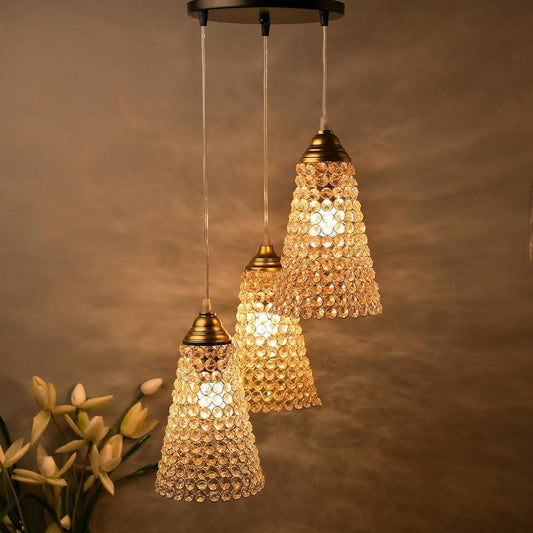 LX INDIA Fancy Lights Homesake Golden Cluster Chandelier Crystal Round Gold Cone Hanging Light