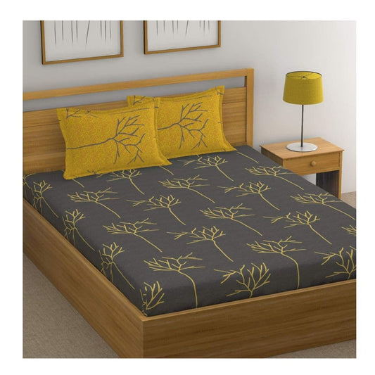 LX INDIA Bedsheet Huesland Cotton King Size Bedsheet with 2 Pillow Covers (Grey and Yellow)