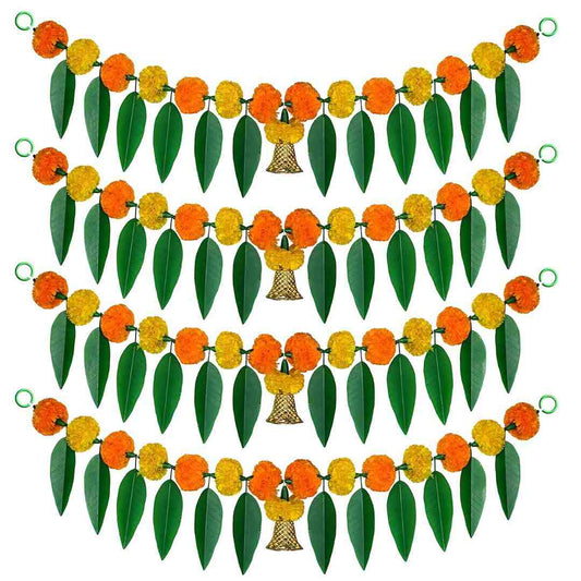 LX INDIA Diwail sale iHandikart Artificial Marigold Bandanwar Pack of 4 with Mango Leaves and Bells - 40 Inch, Yellow and Mango - Home & Festive Decorations, Housewarming Gift
