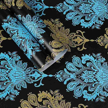 LXINDIA Wallpaper Indian Royals Golden, Blue and Black Color Damask Hall Wallpaper