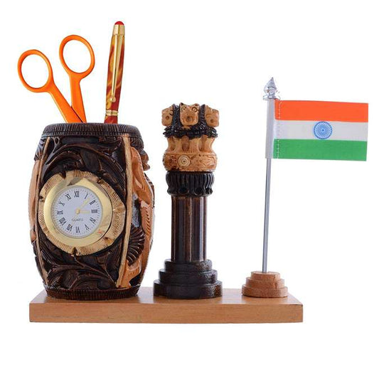 LX INDIA Ashoka Stambh ISHU HANDIARTISTIC Wooden Pen Stand Ashoka Stambh Pillr with clock