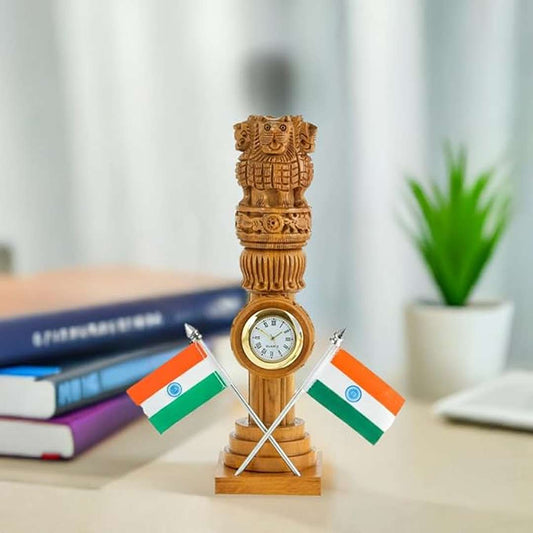 LX INDIA Ashoka Stambh Jaipuri Craft Handicraft Wooden Carved Ashoka Stambh Pillar with 2 Flags & Analog Clock