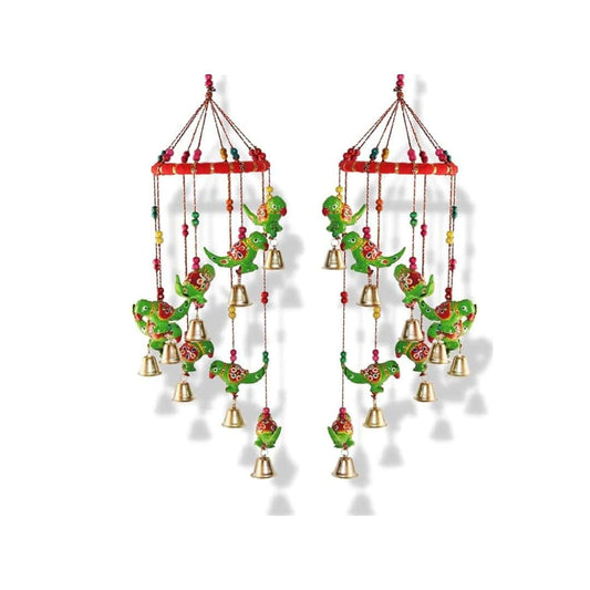LXINDIA Wall Hanging JH Gallery Handcrafted Rajasthani Colored Bell Hangings for Home Decoration Pack of 2(Green Parrot)
