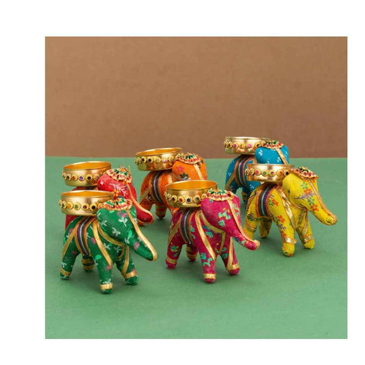 LX INDIA Candle Holders JH Gallery Handcrafted Recycled Material Elephant Tealight Candle Holder (Pack of 6 )