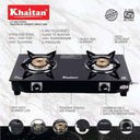 LXINDIA Gas Cooktop Khaitan 2 Burner Nano Black Toughened Glass LPG Cooktop