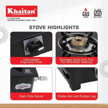 LXINDIA Gas Cooktop Khaitan 2 Burner Nano Black Toughened Glass LPG Cooktop