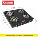 LXINDIA Gas Cooktop Khaitan 4 Burner Premium Black Toughened Glass LPG Gas Cooktop