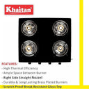 LXINDIA Gas Cooktop Khaitan 4 Burner Premium Black Toughened Glass LPG Gas Cooktop