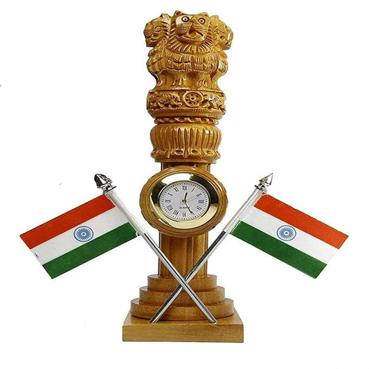 LX INDIA Ashoka Stambh Khamma Ghanni Wooden Carved Ashoka Stambh Pillar with 2 Flags & Analog ClockPack of 1 Model KGH 141