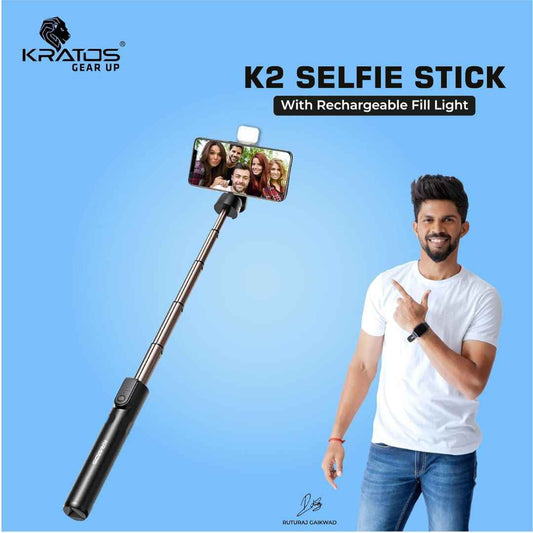 LX INDIA Mobile Tripods Kratos K2 Selfie Stick with Tripod Stand, 3 in 1 Multifunctional design, Rechargable LED Light with Two Brighness Levels