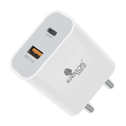 LX INDIA Mobile Charger Kratos Power PQ1 20 W Charger Adapter, Dual Port (20W USB+20W Type C) White