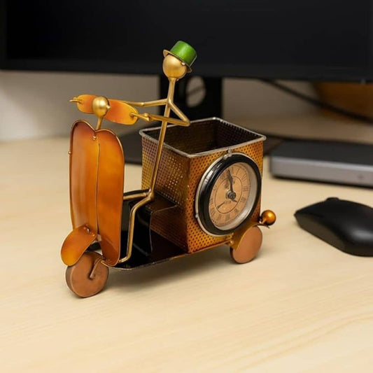 LX INDIA Antique Table clock KREATIVE GARAGE Metal Scooter Pen Stand Table Clock (Orange) Pencil Holder with Clock