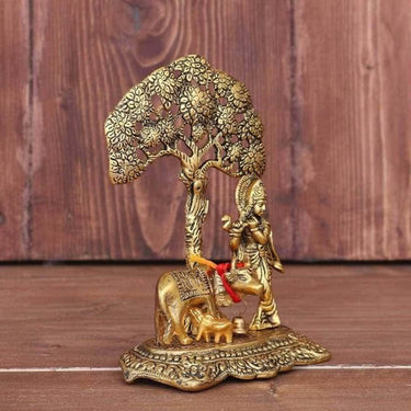 LXINDIA Show Piece KridayKraft Metal Krishna With Cow Standing Under Tree Plying Flute (Gold)