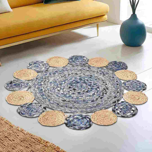 LX INDIA Floor Mat Kuber Industries Handwoven Jute Door Mats for Home Entrance (Blue and Brown)