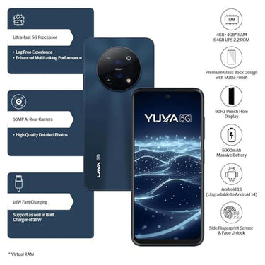 LXINDIA Smart phone Lava Yuva 5G  4GB RAM 64GB Storage (Mystic Blue)