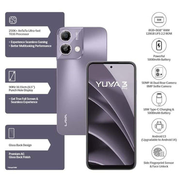 LXINDIA Smart phone Lava Yuva3 Pro  8GB RAM 128GB Storage (Meadow Purple)