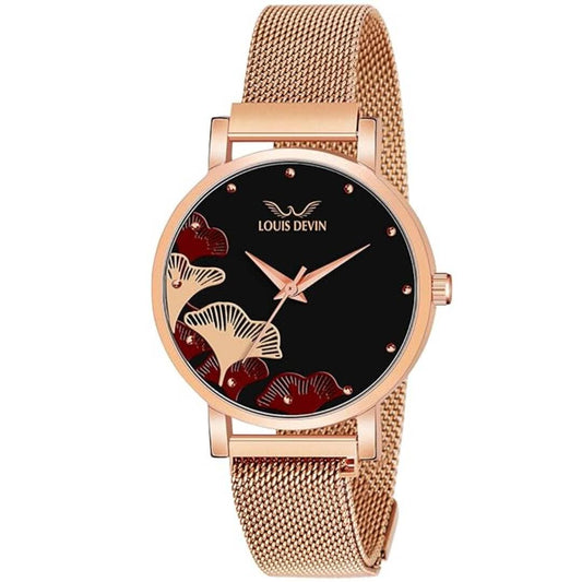 LX INDIA Watch Black LOUIS DEVIN Rose Gold Plated Mesh Chain Analog Wrist Watch