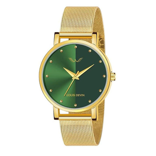 LX INDIA Watch for Women Green LOUIS DEVIN Women's Analog Wrist Watch with Gold Plated Mesh Chain