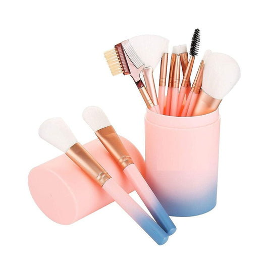 LX INDIA Makeup Brush MACPLUS Makeup Brush Set With Storage Barrel - Pack of 12 (Light Pink)