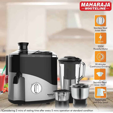 LXINDIA Grinders Maharaja Whiteline Plastic Odacio Plus 550 Watts Juicer Mixer Grinder (Black and Silver)