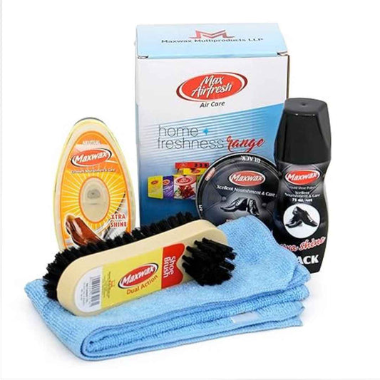 LX INDIA Shoe cleaning set Maxwax 7 Ml Shiner, 40 Gm Paste Polish, 75 Ml Liquid Polish, 2 in 1 Shoe Brush Shoe Care, Microfiber Cleaning Cloth (39 Cm) Combo 4 + 1