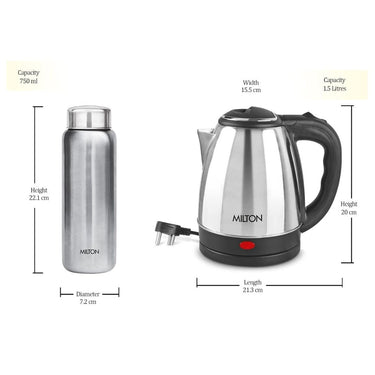 LX INDIA Kettle and Bottle Combo MILTON Combo Set Go Electro Stainless Steel Kettle and Stainless Steel Water Bottle