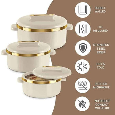 LXINDIA Hot Pot MILTON Curve Inner Stainless Steel Casserole Set of 3 (450 ml 840 ml 1300 ml) Ivory