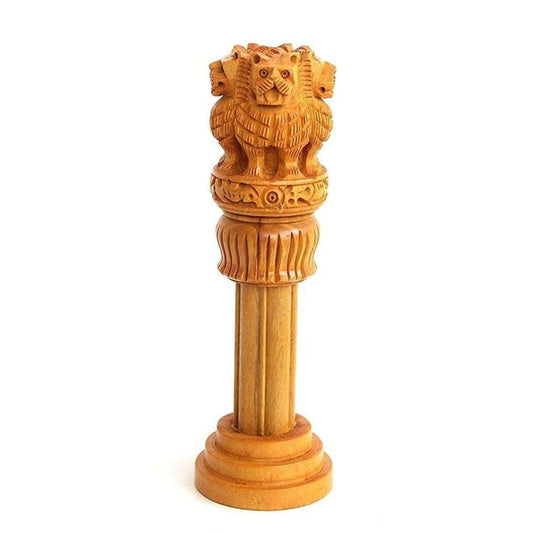 LX INDIA Ashoka Stambh MK HANDICRAFT Ashok Stambh Hand-Carved Wooden Sculpture - 8 Inches