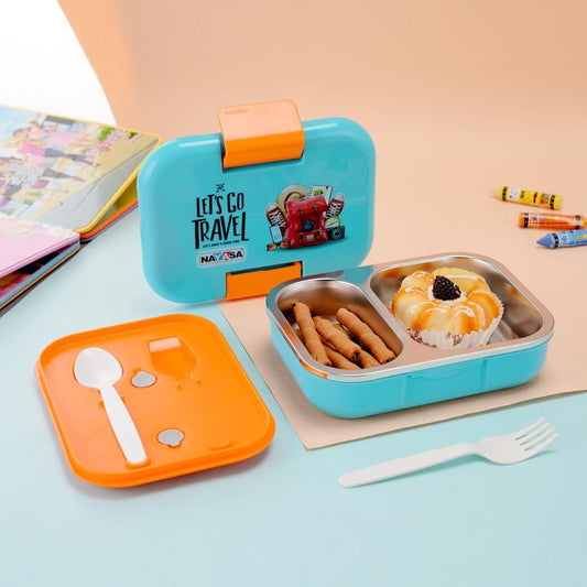 LX INDIA kids lunchbox Nayasa Marco 2 Compartment Vaccum Sealed Insulated Stainless Steel Lunch Box (blue)
