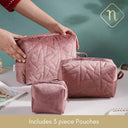 LXINDIA Bag Nestasia Velvet Dusty Pink Quilted Multipurpose Set Of 3 Cosmetic Bags