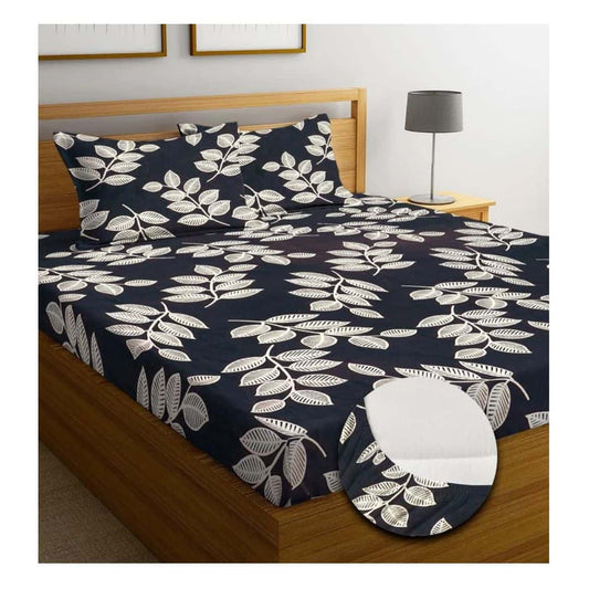 LX INDIA Bedsheet NEW LEAF Cotton Elastic Fitted Bedsheets With 2 Pillow Covers (Black and White)
