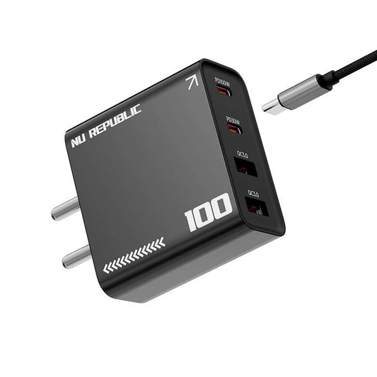 LX INDIA Mobile Charger Nu Republic Cybotron 100W Dual QC USB-A + Dual PD Type-C PPS 3.0 Gan Charger