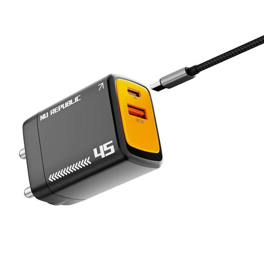LX INDIA Mobile Charger Nu Republic Cybotron 45W Dual Port Gan Superfast Wall Charger (Black)