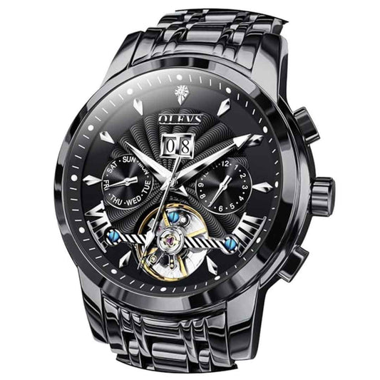 LX INDIA Analog Watch All Black OLEVS Watches for Men Automatic Skeleton 5 Hands Mechanical Luxury Watch
