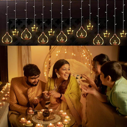 LX INDIA string light One94Store Deep Diya Curtain Decorative LED String Lights – 3 Meter Warm White Plug-in Lights with 108 LEDs, 6+6 Diya Design for Diwali,