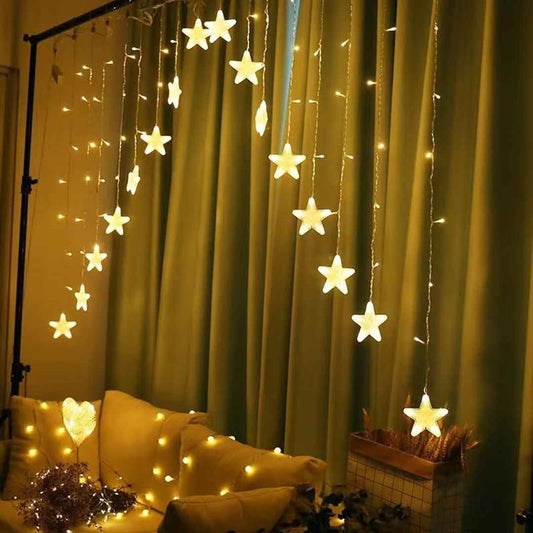 LX INDIA lights One94Store Welcome Star Curtain Lights – 3 Meter, 16 Stars, 108 LEDs, 8 Modes, Plug-in Decorative Curtain Lights for Wall, Window, Home