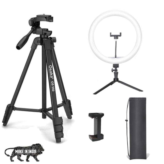 LX INDIA Mobile Tripods Osaka OS 550 Tripod 55 Inches for Smartphone & SLR Camera Combo with 14 Inch Ring Light 15W