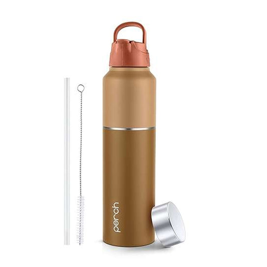 LX INDIA Water Bottle Perch Magic Stainless Steel Water Bottle 1 litre with Straw and Dual Cap Brown
