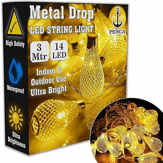 LX INDIA lights PESCA Metal Drop String Lights for Indoor Outdoor Decoration (3 Meter 14 LED, Warm White)