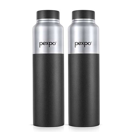 LX INDIA Water Bottle PEXPO Crown 1000 ISI Certified Stainless Steel Sports|Fridge Water Bottle (Pack of 2)Silver+Knight Black
