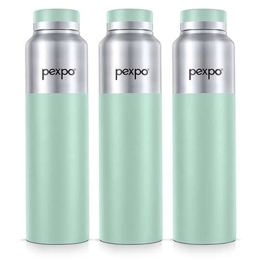 LX INDIA Water Bottle PEXPO Crown 1000 ISI Certified Stainless Steel Sports|Fridge Water BottleSilver+Sea Green(Pack of 3)