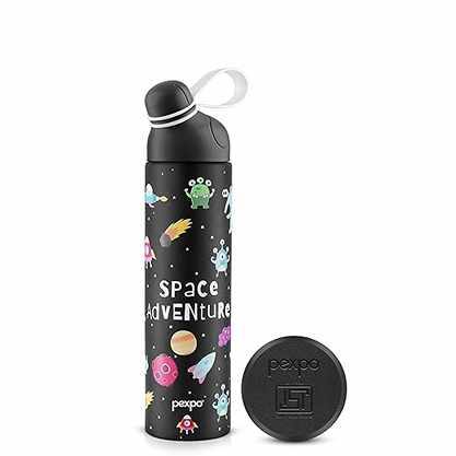 LX INDIA Water Bottle Pexpo Pico 500 Cute Sipper|Hot & Cold Stainless Steel Water Bottle 470ml Black-Space