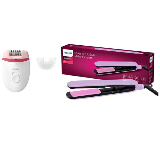 LX INDIA Epilators Philips BRE235/00 Corded Compact Epilator (White and Pink) & BHS393/40 Straightener